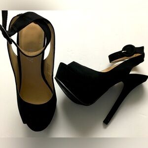 Cathy Jean Peep Toe Platform Strap Heels Shoes 6 Black Faux Suede Y2K Vintage